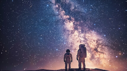 Fototapeta premium Two astronauts exploring the lunar surface under a starry sky in a space exploration mission