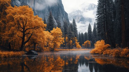 Fototapeta premium Golden Autumn Trees Reflected in a Still Lake with a Misty Mountain Background