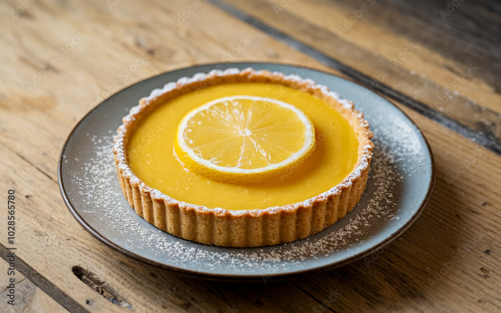 Poster Lemon pie with a slice of lemon on top on a gray plate