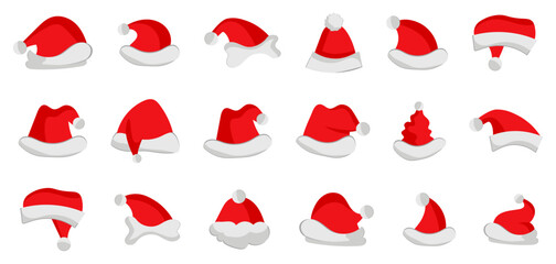 Red Santa Claus hat collection for Christmas sale, promotion. Santa hat icons