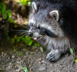 Fototapeta premium Raccoon Dog in Forest Close-Up