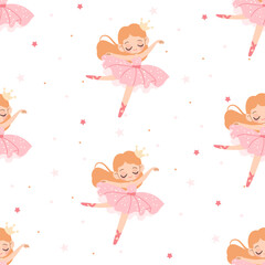 Seamless vector pattern in children's style. Cute ballerina and stars on white background . Vector illustration
