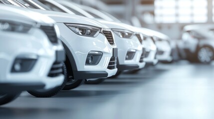 A row of modern white cars displayed in a bright showroom, showcasing sleek designs and advanced features for potential buyers.