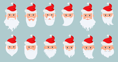 Christmas Santa character head in cartoon style. Smile Santa faces with hat