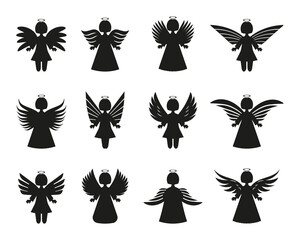 Holiday angel icons with halo. Set of angel silhouette