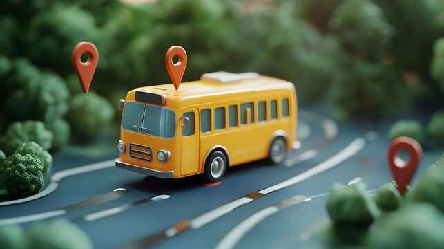 3D cartoon bus illustration featuring route dashed lines and geo pins for public transport  
