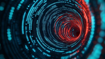 Abstract digital tunnel with glowing blue and red lights creating a mesmerizing visual effect of depth and movement.