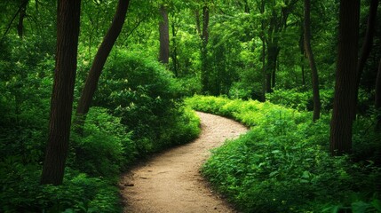 A winding path through a lush green forest, inviting exploration and connection with nature.