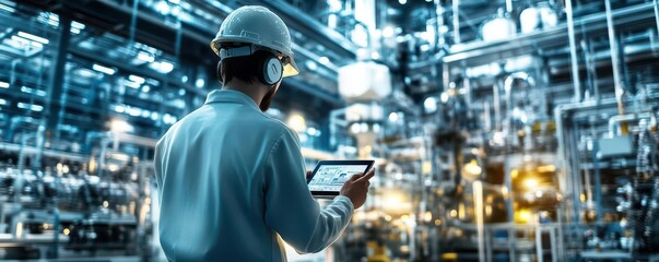 High-tech industrial setting with a factory worker monitoring systems through a tablet, illuminated by futuristic lighting and machinery