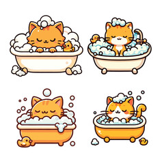 Cute cartoon characters of A little orange cat is taking a bath in a bathtub, There is a little yellow duck in the bathtub. Use this cartoon file for such as designs on t-shirts, stickers and many oth