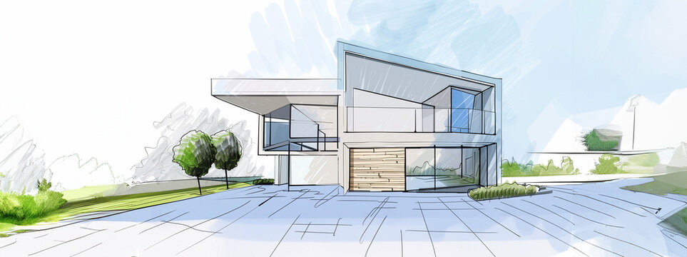 Esquisse dessin et plan d'architecte d'une maison moderne &agrave; toit plat
