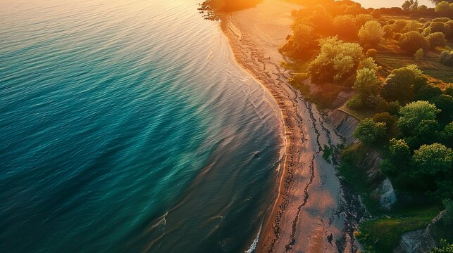 Shore of a beach at sunrise in summer as seen from a drone, zenithal image. Summer nature landscape.