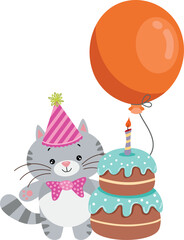 Cute cat with balloon and happy birthday cake