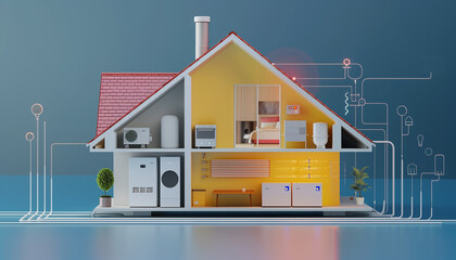 Plan en coupe d'un architecte avec des solutions de chauffage moderne pour une construction de maison