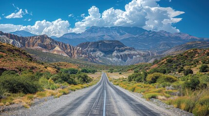 Naklejka premium A winding road leads through vibrant mountains and blue skies in a scenic landscape.