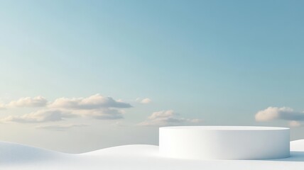 Minimalist white podium against a dreamy sky backdrop, ideal for product display or branding.