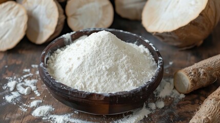 Fototapeta premium Cassava root flour gluten free on wooden bowl for healthy bread