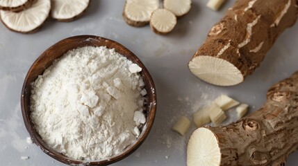Cassava root flour gluten free on wooden bowl for healthy bread