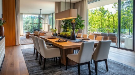 Modern Dining Room with Wooden Table, Chairs, and Natural Light