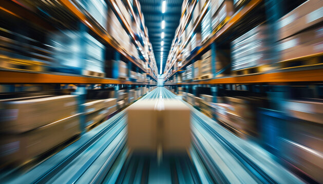 Vue dynamique et conceptuelle de l'intérieur d'un entrepot logistique ou d'une plateforme de stockage