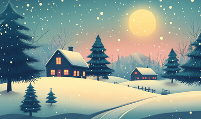 Snowy Christmas winter landscape with cozy houses and a decorated Christmas tree.