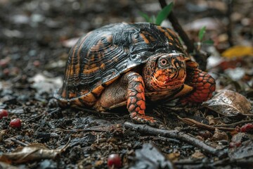 Obraz premium Box turtle on the forest floor, with a detailed shell and intricate patterns