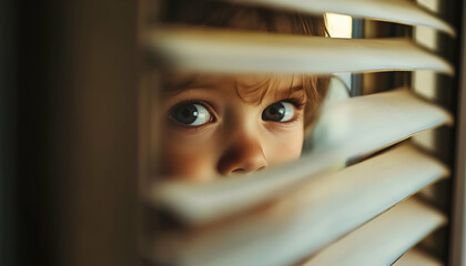 A child peeking through window blinds with curiosity, offering a sense of innocence and wonder.  