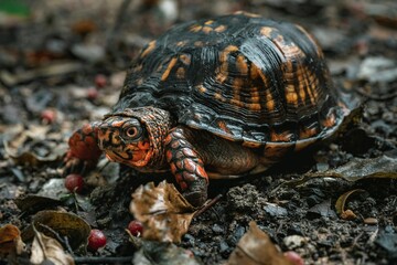 Fototapeta premium Close-up of a box turtle on the forest floor surrounded by leaves and small berries.