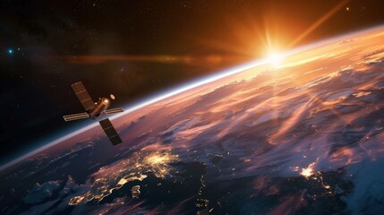 Fototapeta premium Satellite Over Earth Orbit at Sunrise