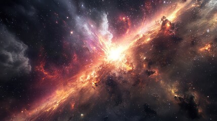 Cosmic Nebula with Fiery Burst and Scattered Stars
