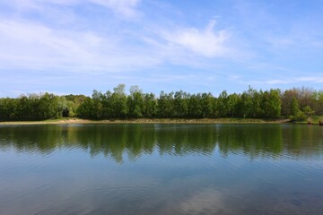 Serene lake with clear reflections of trees and sky