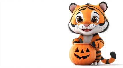 Cute Cartoon Tiger in Halloween Costume with Pumpkin