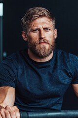 Fototapeta premium A fit man with a beard rests after an intense workout session in a gym setting