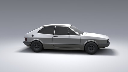 Cool looking old fashion car, side view studio render on white background. Modern car design. 3d illustration.