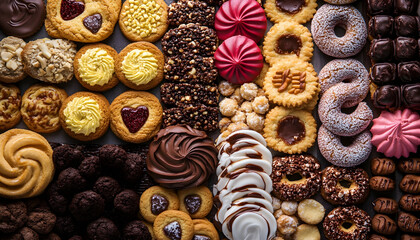 A colorful assortment of cookies and pastries, forming a delightful pattern for food lovers  