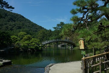 Scenic view of a traditional Japanese garden in Takamatsu, Japan