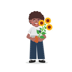 Kids Gardening Holding Sunflower Illustrations Bright Flat Design, Great for Posters or Activity Sheets