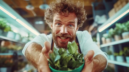 Cheerful gardener presenting fresh greens in a bright indoor plant shop during daylight hours
