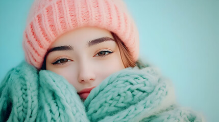 Beautiful Girl in Pastel Pink Hat with Green Scarf