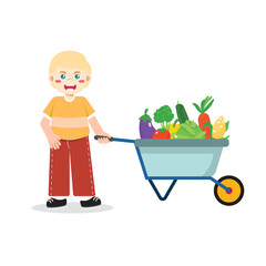 Kids Pushing Wheelbarrow with fruit and vegetable Gardening Illustrations Bright Flat Design Great for Posters or Activity Sheets