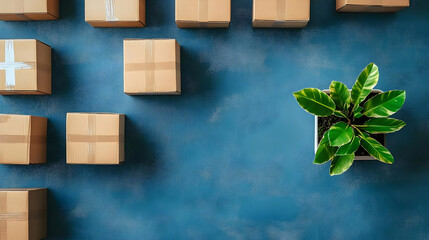 Arranged Cardboard Boxes on Blue Wall Background