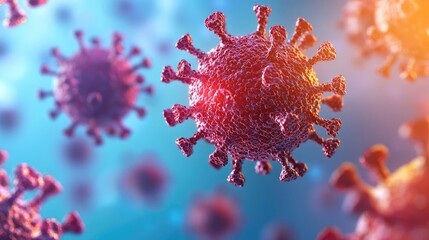 Colorful virus particles on a blurred background, microscopic view.