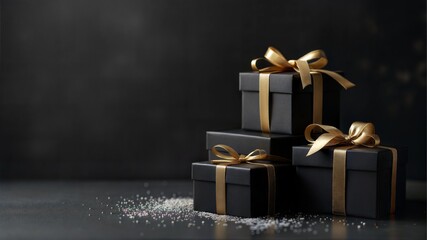 Black gift boxes with gold ribbons on dark background.