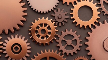 Copper gears in various sizes and shapes, isolated on dark background.