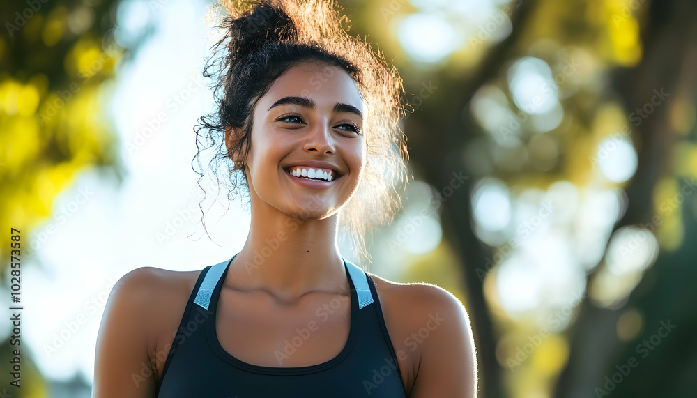 Wall mural a confident woman smiling outdoors in athletic wear, exuding strength and positivity.