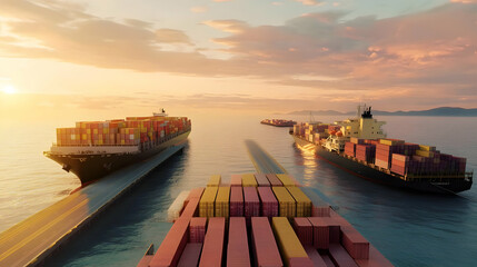 Naklejka premium Cargo Ships Sailing on the Ocean at Sunset