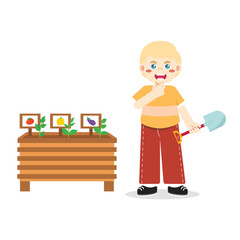 Kids Gardening Holding Shovel Illustrations Bright Flat Design, Great for Posters or Activity Sheets