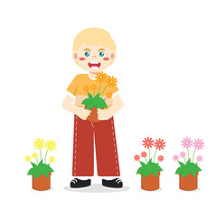 Kids Gardening Holding Flower Pot Illustrations Bright Flat Design, Great for Posters or Activity Sheets
