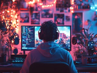 Obraz premium e-sports , Gamer is playing a video game on his computer at his desk in his room