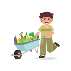 Kids Pushing Wheelbarrow with fruit and vegetable Gardening Illustrations Bright Flat Design Great for Posters or Activity Sheets